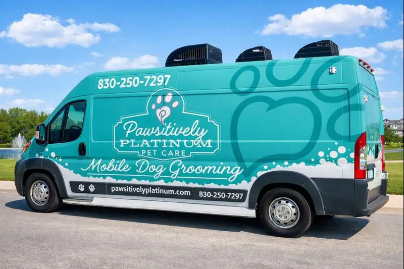 Pawsitively Platinum mobile dog grooming van serving the Texas Hill Country