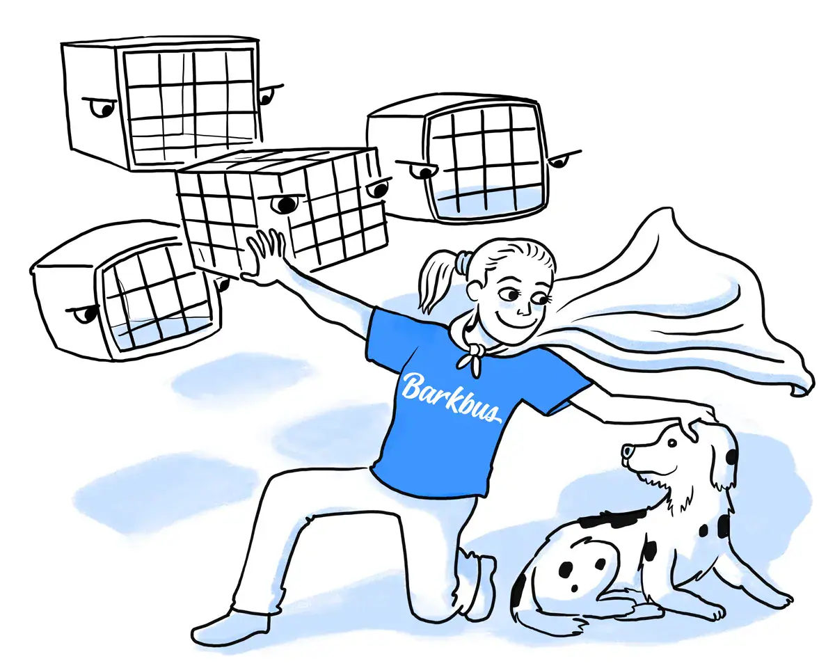 Barkbus graphic about saving dogs from cages and salon stress