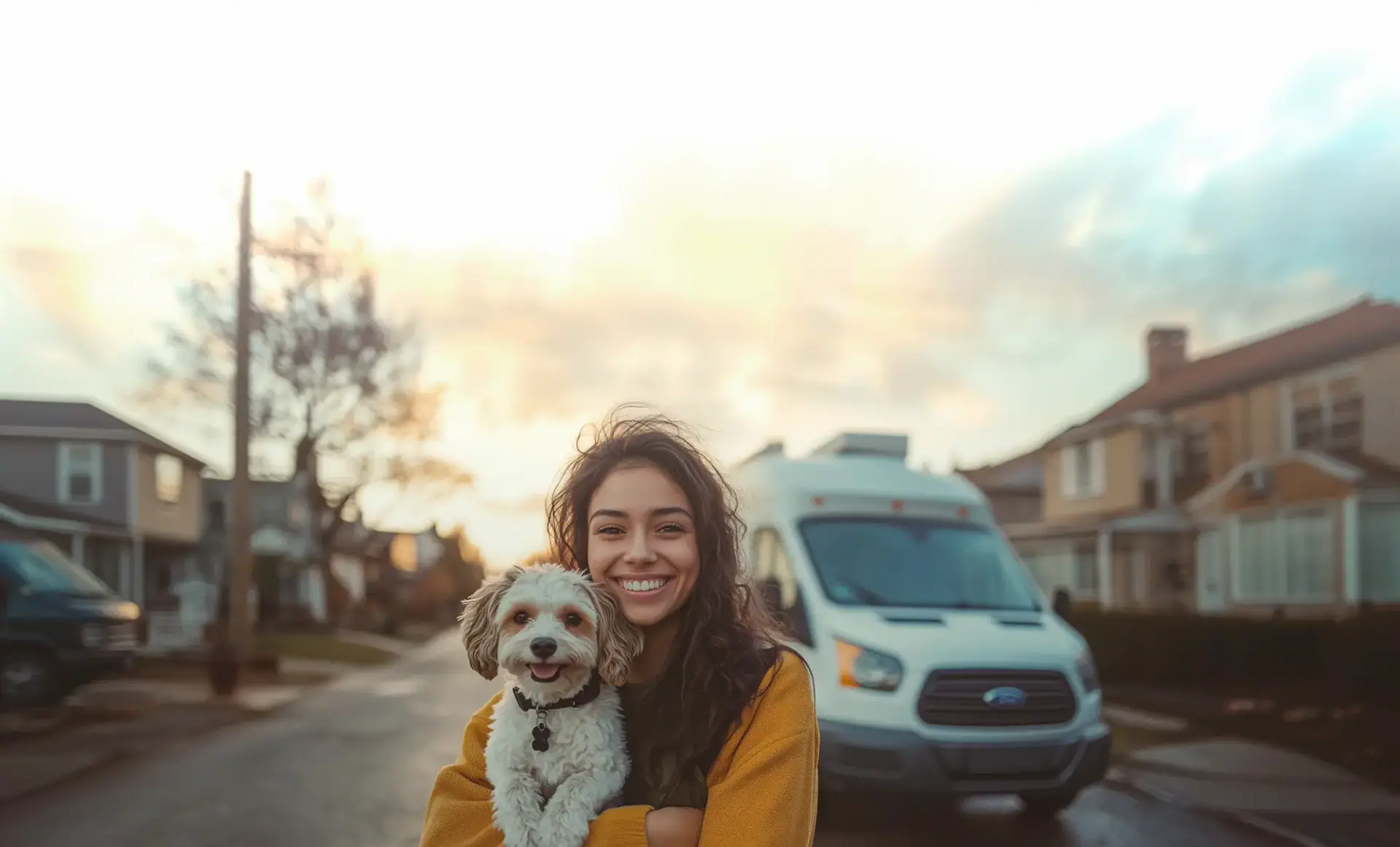 Pet Love customer with dog in front of a mobile grooming van