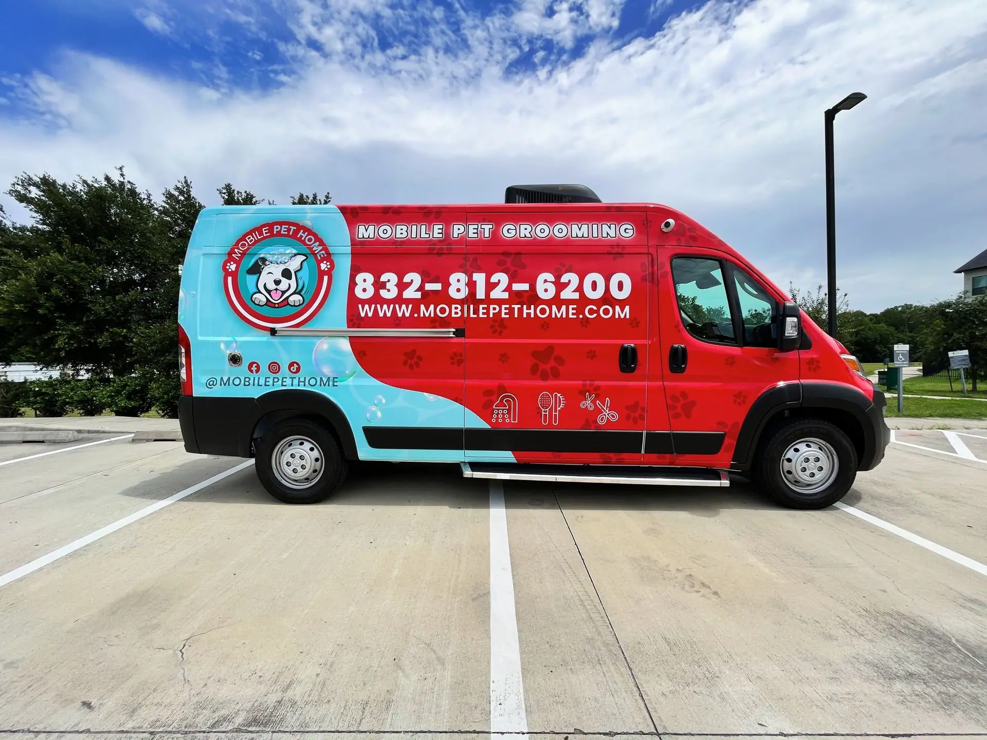 Mobile Pet Home grooming van parked outside