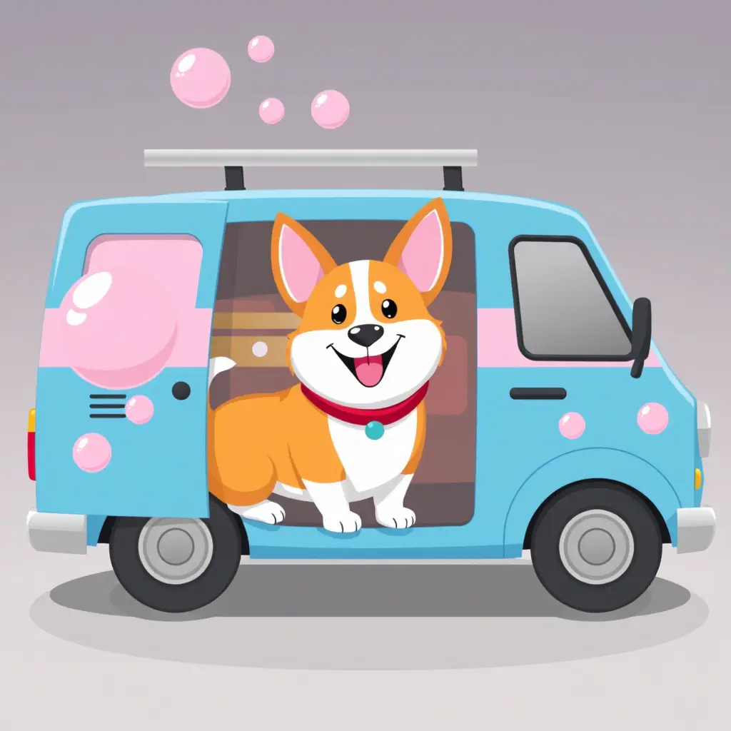 Illustrated mobile grooming van graphic for Four Paws