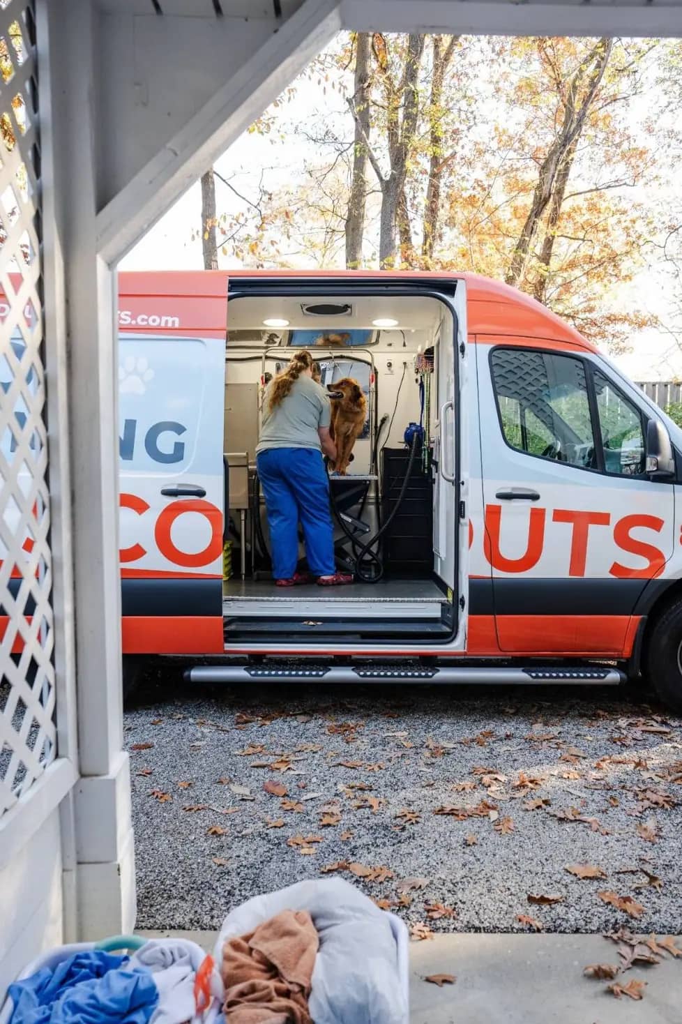 Pup Scouts mobile grooming van parked at a client's home in Charlotte