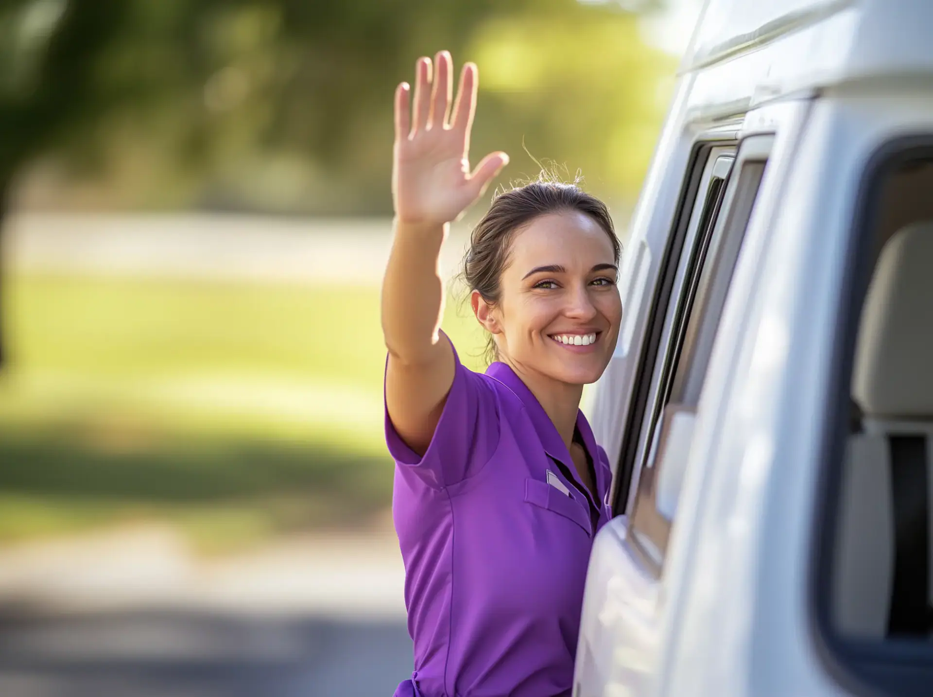 Pet Love staff waving from a grooming van